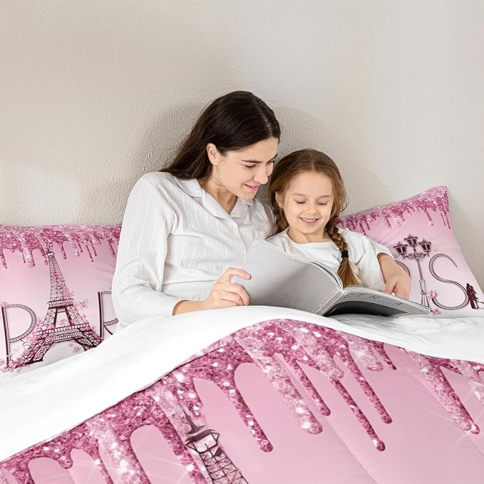 Eiffel Tower Comforter Set Twin Size,Pink Shimmer Floral Dreamy Down Comforter for Girls Boys Adults Couple Bedroom Decor,Famous Paris Architecture Bedding Set,Romantic Duvet Insert,1 Pillowcase - Image 2