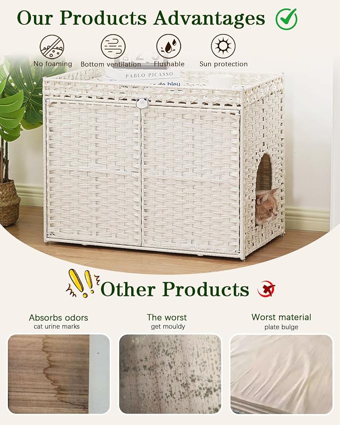 SETVSON Cat Litter Box Enclosure Furniture, Handwoven Rattan Hidden Litter Box with Mat, Large Space Cat House with 2 S-Shaped Hooks 30.3 x 18.3 x 24.4 Inches, Indoor for Living Room Apartment White - Image 3