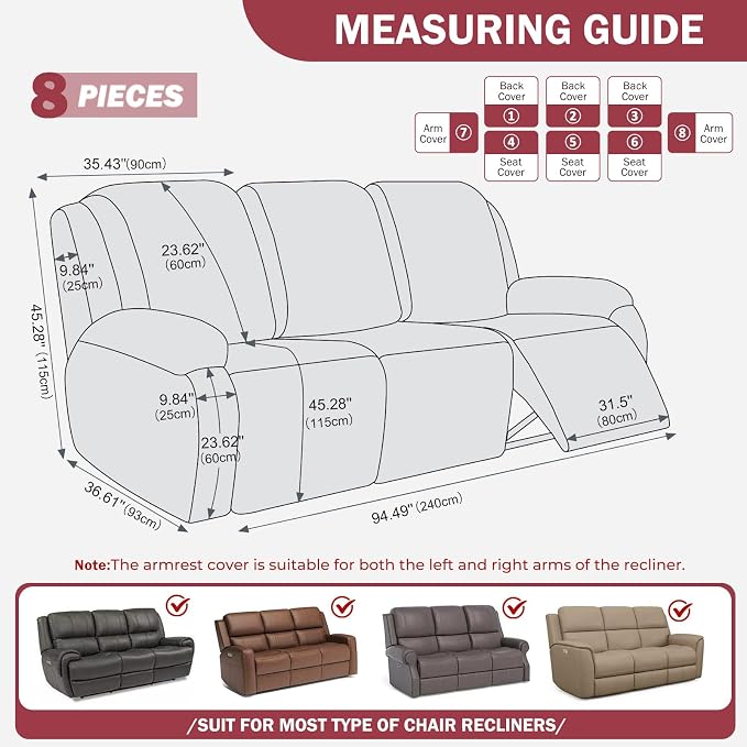 vctops Diamond Recliner Sofa Covers 8-Pieces Stretch Large Couch Covers for 3 Seats Reclining Slipcovers Soft Solid Furniture Protector (Wine Red,3 Seat) - Image 2
