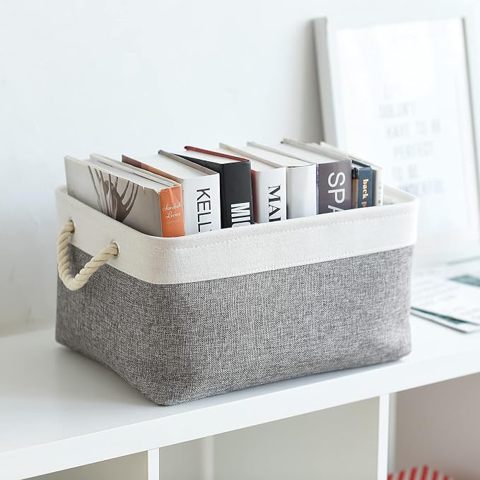 TheWarmHome Organization and Storage Basket for Organizing- 16x12x8 inch 1 Pack Fabric Storage Cubes, Collapsible Storage Bins for Shelves Organizer Gift Closet Cloth Toy (White & Grey) - Image 3