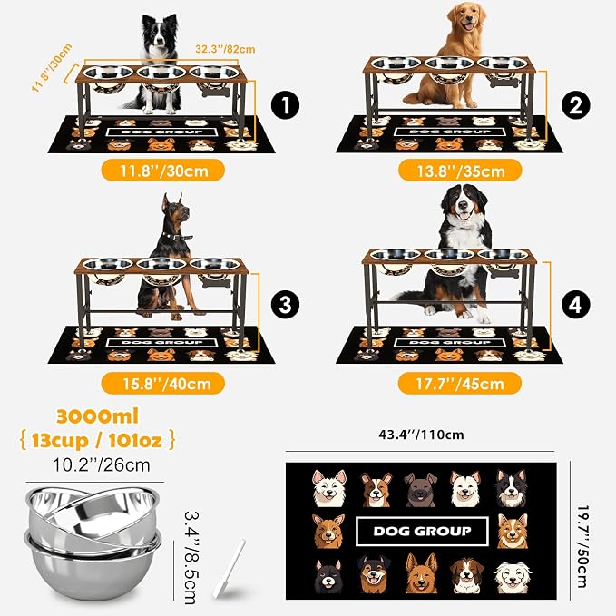 XXLarge Wooden Elevated Dog Bowl Stand – 4 Adjustable Heights (11.8"-17.7"), Wooden & Metal with 3 Stainless Steel Bowls & Splash Pad for Large & Extra Large Breeds - Image 4