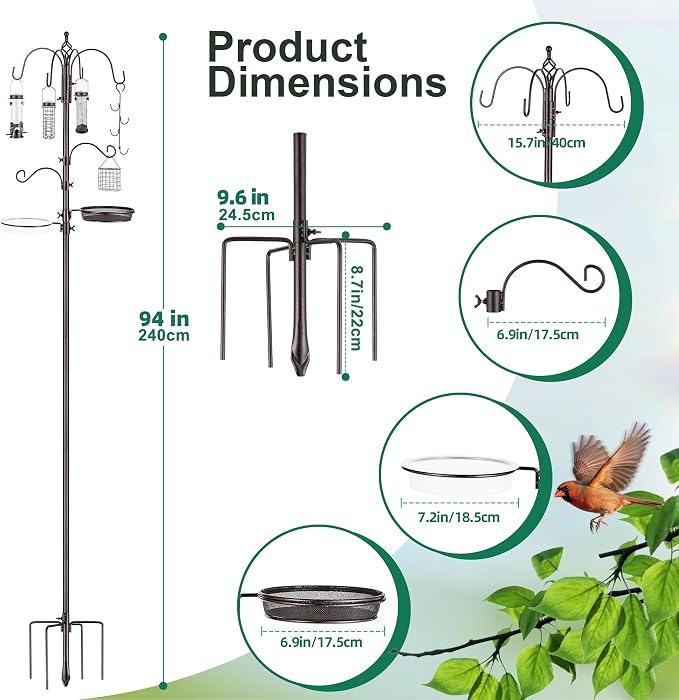 Bird Feeding Station Kit Pole Wild Bird Feeder Hanging Planter Hanger Multi Feeder Hanging with Metal Suet Feeder Bird Bath for Attracting Wild Birds - Image 2