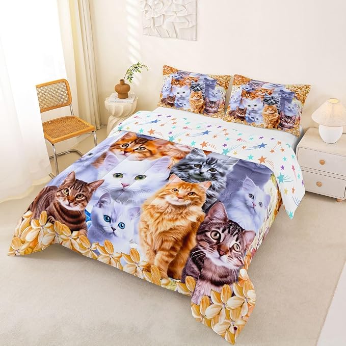 Feelyou Cats Comforter Set Cute Cat Animal Printed Bedding Set for Kids Boys Girls Pet Cat Design Comforter Lovely Floral Orange Quilt with 2 Pillowcases 3Pcs Bedding Full Boys - Image 4