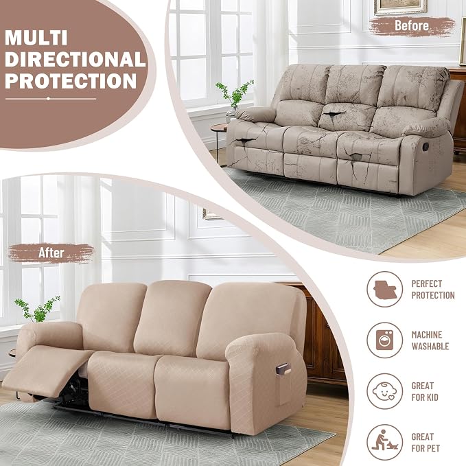 vctops Diamond Recliner Sofa Covers 8-Pieces Stretch Large Couch Covers for 3 Seats Reclining Slipcovers Soft Solid Furniture Protector (Camel,3 Seat) - Image 5