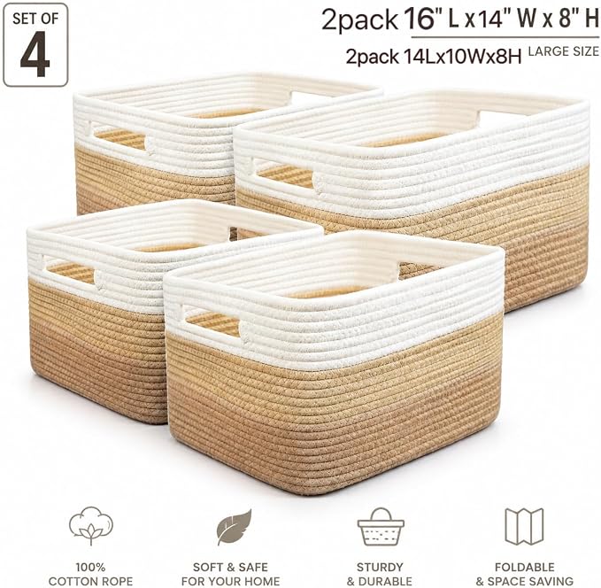 4 sets of hand-woven cotton rope storage boxes, suitable for toys, books, clothes, bathrooms, car trunks used for organizing decoration, Khaki color Two 16x14x7 in two 14x10x7in - Image 2