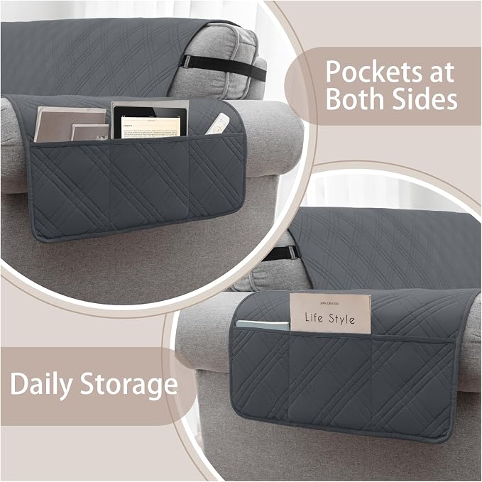 100% Waterproof Couch Cover for Dogs, Anti-Slip Washable Sofa Cover with Elastic Straps & Side Pockets, Durable Furniture Protector for Kids & Pets (Loveseat 46", Gray) - Image 3