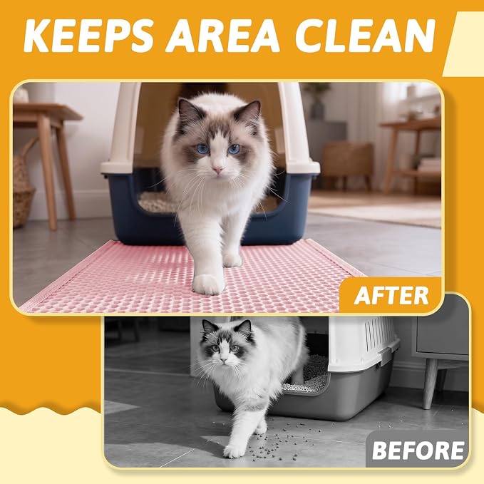 Pieviev Cat Litter Mat, Double-Layer Waterproof Litter Trap, 24" x 15" Pink | Honeycomb Design Catches Scattered Particles to Stop Tracking, Urineproof Base Protects Floors, Easy to Clean - Image 5