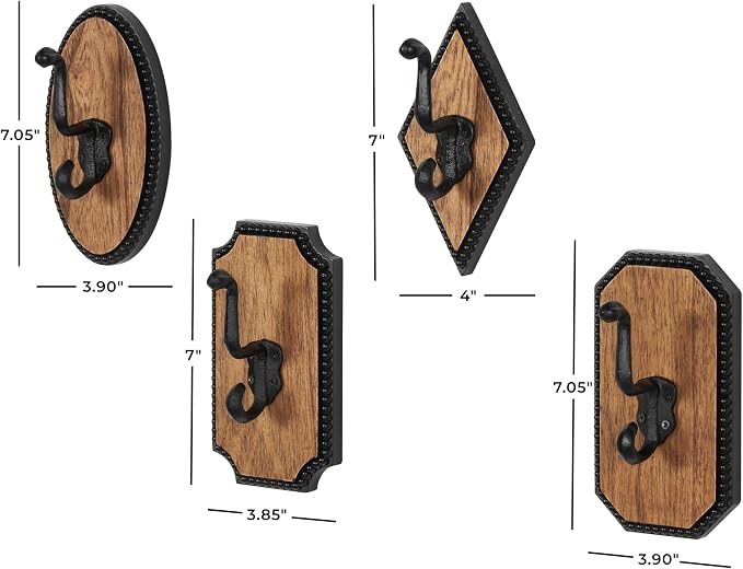Deco 79 Wooden Home Wall Hook Vintage Inspired Coat Hooks with Black Beaded Frames and Varying Geometric Shapes, Set of 4 Hooks 4'W, 7'H, Brown - Image 3