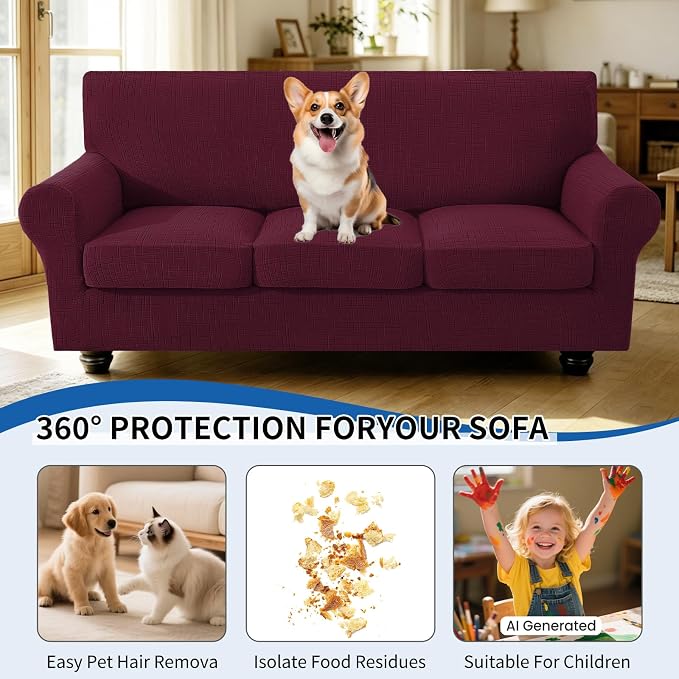 CYCMCAO 4 Piece Stretch Sofa Covers for 3 Cushion Couch, Non Slip Couch Covers for Sofa, Sofa Covers for Pets Washable, Couch Covers for Dogs,Kids (Burgundy), 71"-91" (3 Cushion Sofa) - Image 5
