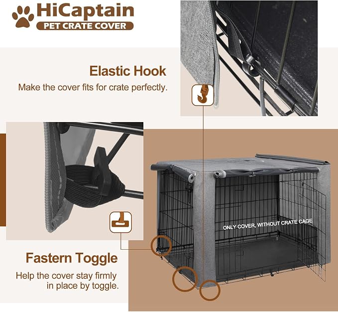 HiCaptain Breathable Dog Crate Cover 42 Inch, Durable Heavy Duty Kennel Cover, Dual Zippered Panels, Windproof Waterproof UV-Resistant(Grey) - Image 3