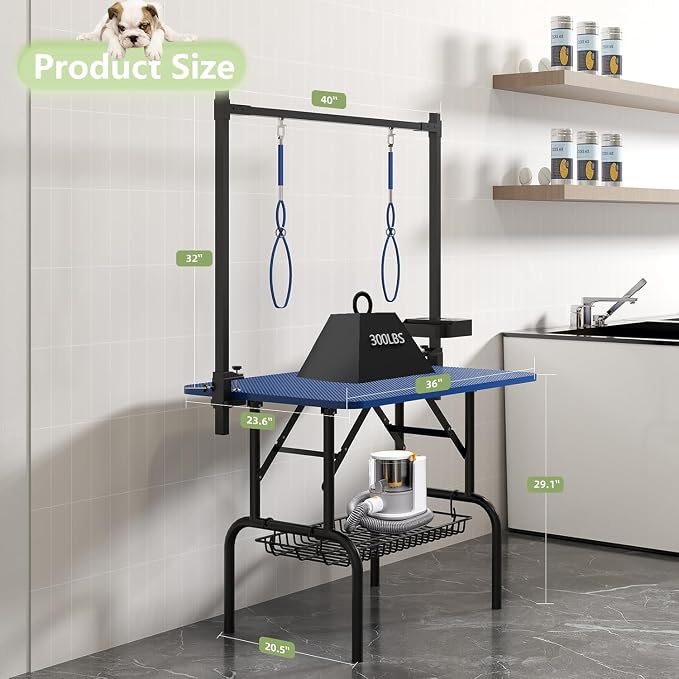 Professional Dog Pet Grooming Table Adjustable Heavy Duty Portable w/Arm & Noose & Mesh Tray (36", Blue) - Image 5