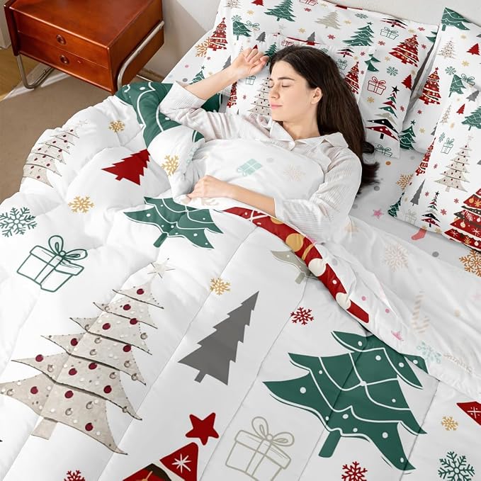 Erosebridal Christmas Bed in A Bag 7 Pcs Colorful Christmas Tree Comforter Set for Kids Boys Girls Xmas Tree Snowflake Bedding Sets Full Winter Xmas Ornaments Gift Sheet Set with Comforter - Image 2