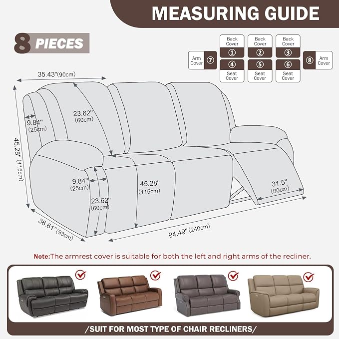 vctops Diamond Recliner Sofa Covers 8-Pieces Stretch Large Couch Covers for 3 Seats Reclining Slipcovers Soft Solid Furniture Protector (Dark Coffee,3 Seat) - Image 2