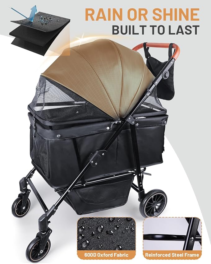 Dog Stroller for Large & Medium Dogs (20–132 lbs), Pet Stroller for 2 Small Dogs with Adjustable Handle & Canopy, Sun Shades, Storage Organizer, Foldable & Ventilated,Black