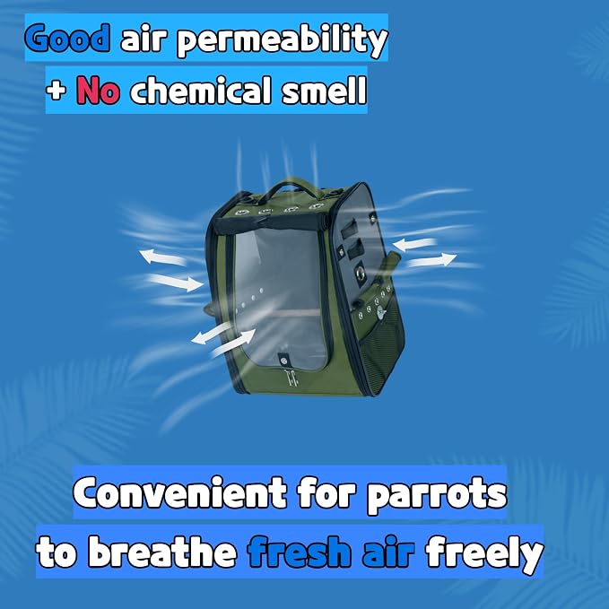 Birds Day Bird Carrier Backpack - Breathable Mesh Portable Parrot Travel Cage with 2PCS Perch, Food Bowl, and Stainless Steel Tray (Dark Olive Green) - Image 2