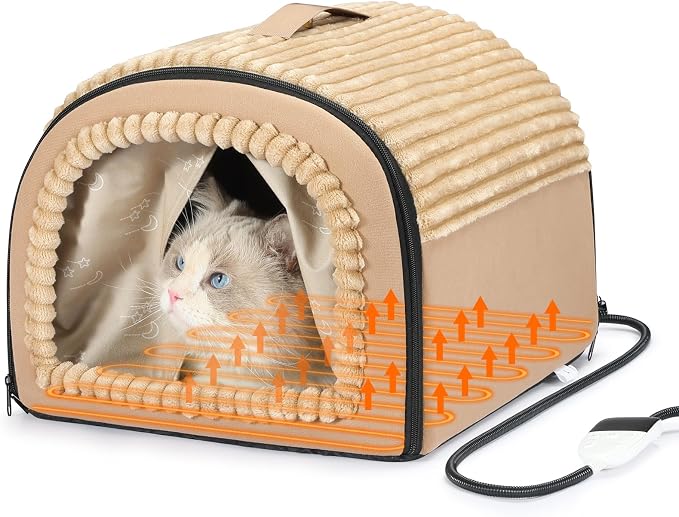 Smart Heated Cat Bed Cave Pet House for Indoor Cats & Small Dogs, Washable & Foldable with Removable Cushion, 17.72x14.96x12.6 inches, Brown by Fdceligoo