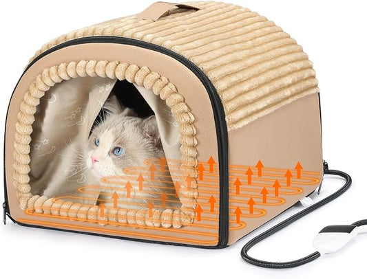 Smart Heated Cat Bed Cave Pet House for Indoor Cats & Small Dogs, Washable & Foldable with Removable Cushion, 17.72x14.96x12.6 inches, Brown by Fdceligoo