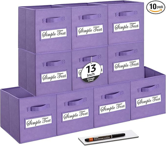 13x13x13 storage cube bins (Set of 10) Fabric storage cubes with 10 Labels Window Cards & a Pen, storage cubes 13x13, Collapsible 13 inch cube storage bins, Cubby Organizer Boxes, Purple by Artsdi