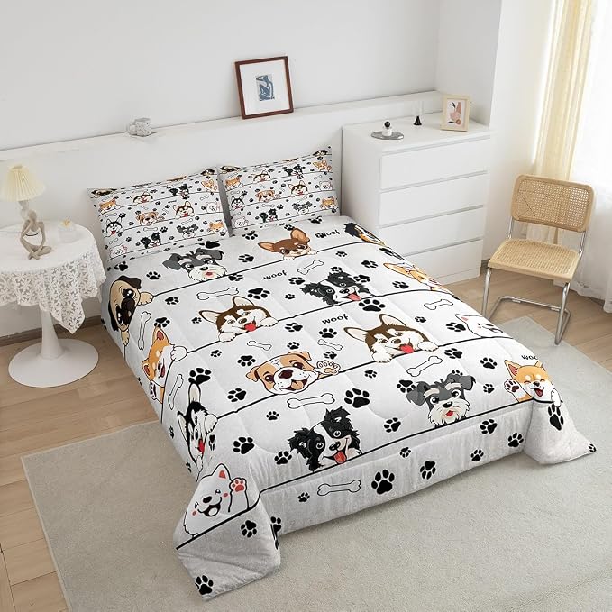 Manfei Cartoon Puppy Bedding Set for Boys Girls,Paw Print White All Season Cozy Comforter Set Full Size,Cute Dog Pet Animals Duvet Set Bedroom Decor,Festival Gifts - Image 3
