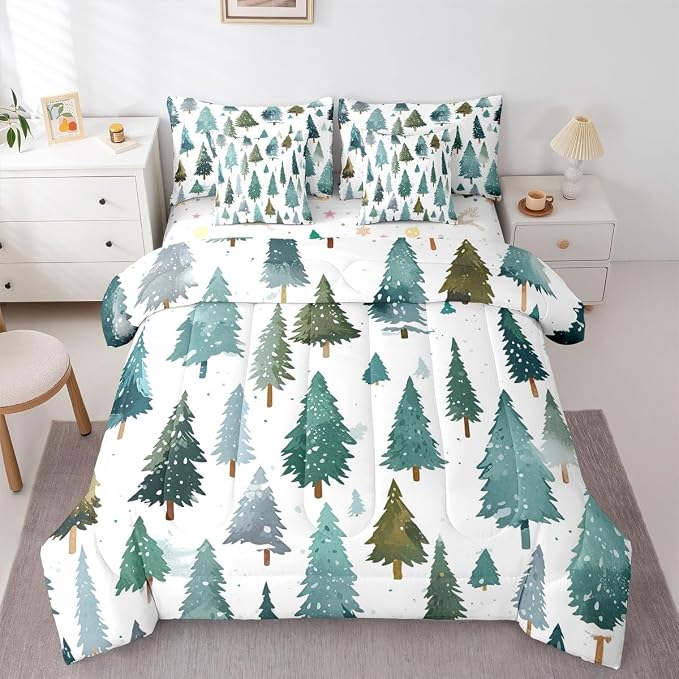 Erosebridal Christmas Tree Queen Comforter Set with Sheets 7 Piece Green Xmas Pine Tree Bed in A Bag Forest Snowy Nature Scene Bedding Sets for Men Winter Holiday Christmas Bed Set Happy New Year by Erosebridal