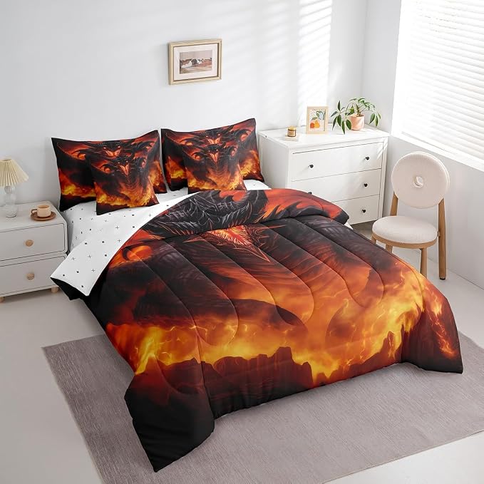 7 Pcs Comforter Set King, Dragon Bed in a Bag with Flat Sheet and Fitted Sheet Fire Dragon Bedroom Comforter with Sheets(1 Comforter, 1 Flat Sheet 1 Fitted Sheet 2 Pillowcases 2 Pillow Shams) - Image 2