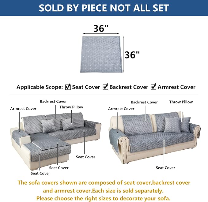 Eismodra Couch Cover,Sectional Couch Covers,Sofa Covers for 3 Cushion Couch,Anti-Slip Sofa Slipcovers for Dogs Cats Kids Loveseat Recliner L Shaped Armrest Backrest,Light Gray 36''x36''(Only 1 Piece) - Image 5