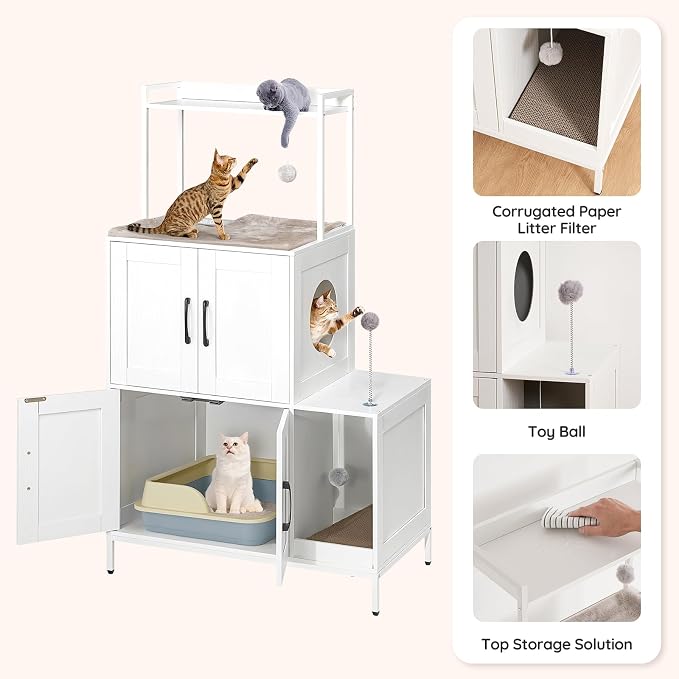 HOOBRO Litter Box Enclosure, Litter Box Furniture with Storage, 2-in-1 Hidden Cat Furniture with Shelf, 2 Dangling Plush Balls and 1 Toy Ball, Large Wooden Cat Washroom, White WT78MW01 - Image 6