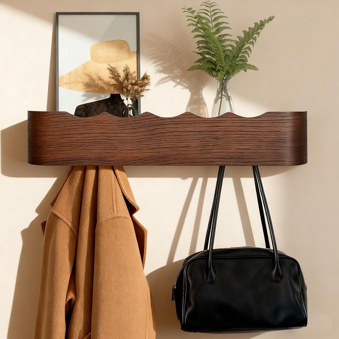 Coat Rack Wall Mount with Shelf Entryway Shelf Modern Key Holder Hanger Wall Shelves with Hidden Hooks for Hanging Towels Coats Hats Bags for Hallway Bathroom Bedroom(Wavy Walnut Color, 5 Hooks) by FURNAWAY