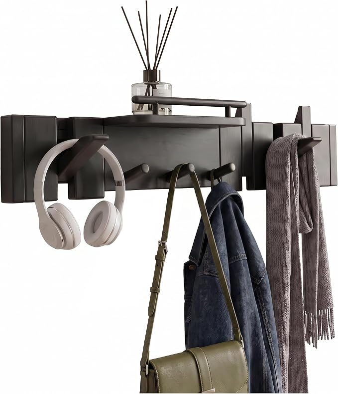 Mid Century Modern Wood Coat Rack Wall Mount with Shelf, 7 Hooks, Black | Wood and metal wall rack with fold-down piano-key hooks and display shelf organizes coats, bags, keys and decor up to 25 lb by Unknown
