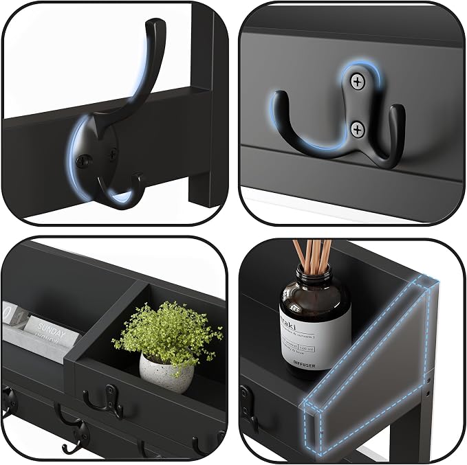 AMBIRD Wall Hooks with Shelf, 26.57 Inch Entryway Wood Coat Hooks for Wall, Coat Rack Wall Mount Rack with 5 Dual Hooks 3 Key Hooks Mail Organizer and Key Rack Key Holder (Black) - Image 6