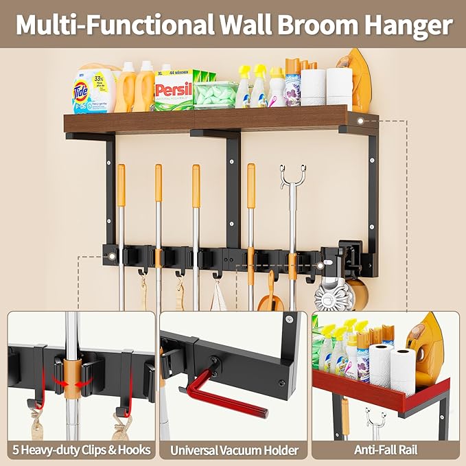 Broom and Mop Organizer Wall Hanging, Broom Hanger Holder Wall Mount | 3-in-1 mop and broom holder wall mount with 5 racks,5 hooks, storage shelf & vacuum organizer for garage,kitchen,laundry room - Image 2