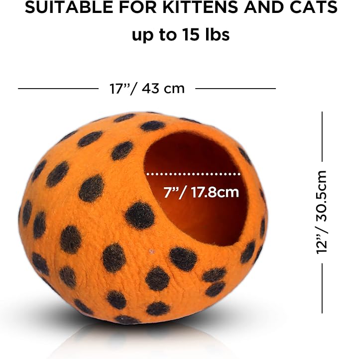 Woolygon Premium Felt Cat Cave Bed – Wool Kitty Beds Handcrafted Kitten Caves Bed for Indoor Cats - Made from Merino Wool, Foldable Cat Hideaway Covered Cat House Pod (Orange Polka) - Image 3