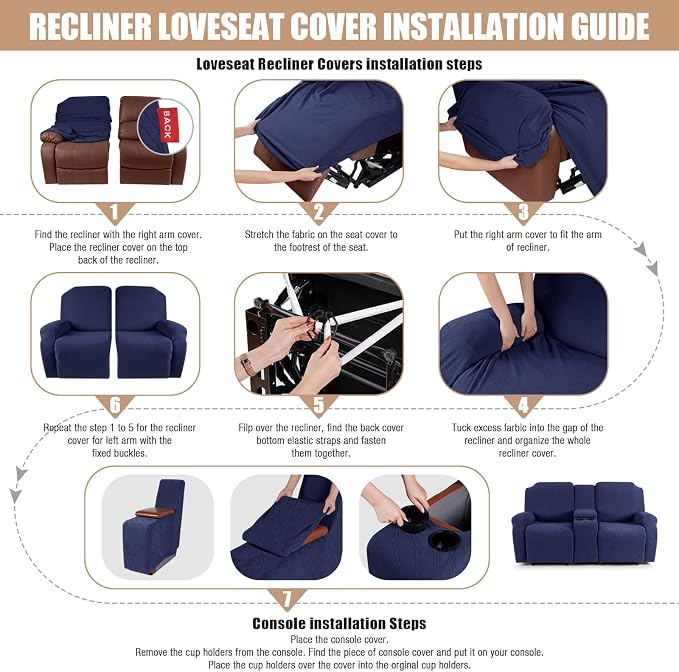 VANSOFY Stretch Recliner Loveseat Cover with Middle Console, Navy Blue | 4-Pieces, Soft Furniture Protector, Washable Slipcover with Pocket, Pets Sofa Cover, High Stretchy fabric Couch Cover - Image 6