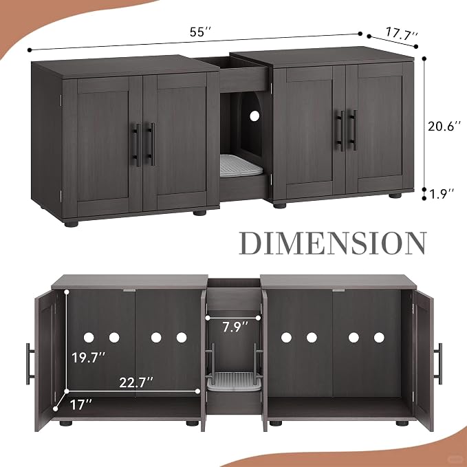 3-in-1 Cat Litter Box Enclosure for 2 Cats, 55 Inch Large Hiddden Litter Box Enclosure Furniture with Double Rooms, Farmhouse Wooden Cat Washroom for Bedroom Living Room, White - Image 3