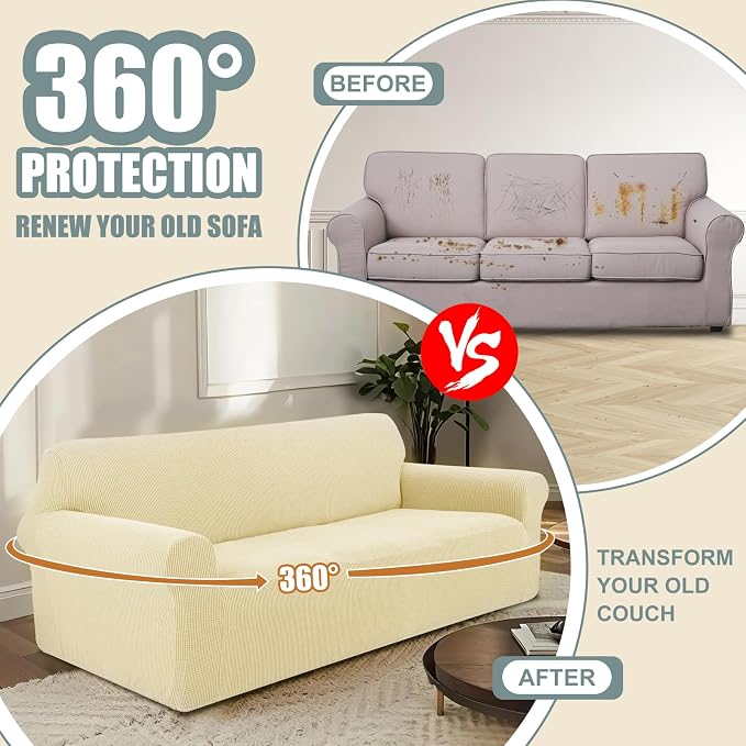 Stretch loveseat Covers Washable Sofa Slipcover, Beige | 1 Piece Couch Covers for Sofa Furniture Protector with Non Skid Foam and Elastic Bottom for Kids, Dogs - Image 3