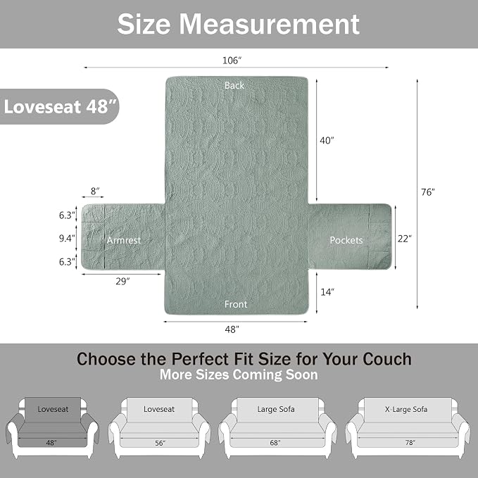 Sage Blue Loveseat Covers for 2 Cushion Couch, Water Repellent Slip Covers for Sofa, Washable Love Seat Quilted Couch Covers, Pet Friendly Loveseat Slipcovers (Loveseat 48", Sage Blue) - Image 7