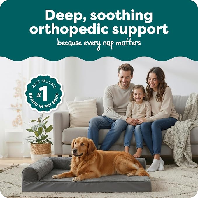 FurHaven Orthopedic Dog Bed for Large Dogs, L-Shaped Chaise Mattress with Orthopedic Egg Crate & Solid Orthopedic Foam Base for Joint Support, Washable Cover, Jumbo XL, Plush & Velvet, Platinum Gray - Image 2