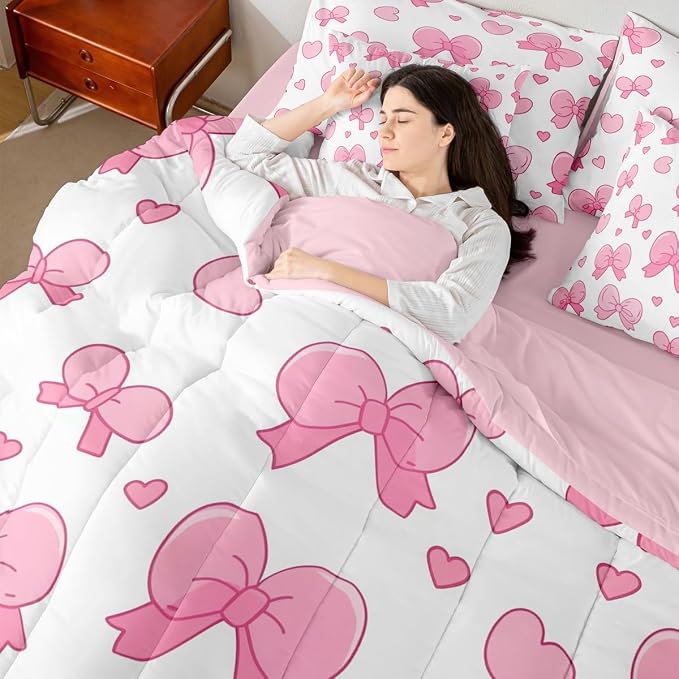 Feelyou Pink Bowknot 7 Piece Bedding Set Cartoon Bow Comforter Set with Sheets for Kids Boys Girls Cute Love Heart Bed in a Bag White Pink Bed Set Soft Lightweight - Image 7