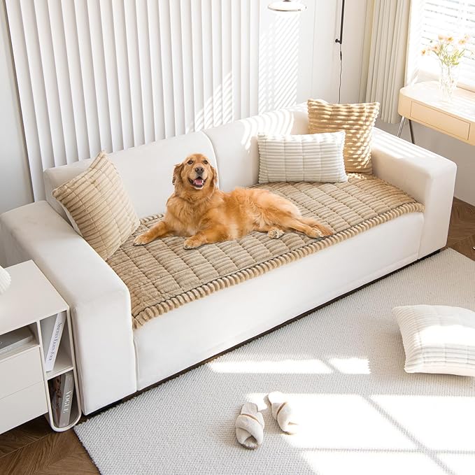 STACYPIK Geometric Striped Sofa Cover Non-Slip Fuzzy Pets Couch Cover for 2 Cushion Couch, Washable Khaki Couch Cover for Dogs, Jacquard Warm Corduroy Bed Mat Cover-23.6x59.1IN by STACYPIK