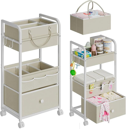 Cidaziya 2In1 Baby Diaper Caddy Organizer and Storage, 3 Tier Rolling Cart with Drawer, Detachable Dividers, Mobile Utility Cart Baby Dresser Clothes Organizer for Baby Essentials, Bedroom, Nursery by Cidaziya