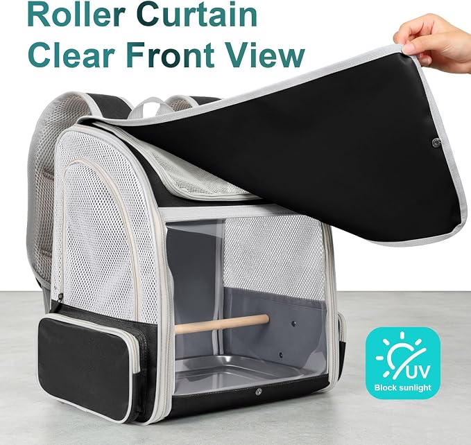 Bird Carrier Backpack for Small to Meidum Bird, Portable Travel Carrier Cage with Standing Perch and Metal Tray (Black, Backpack Carrier) - Image 5