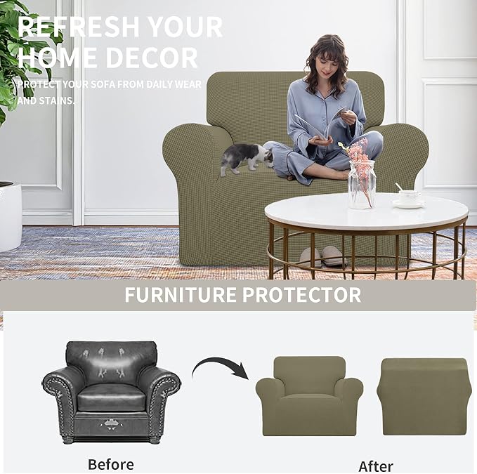 Easy-Going Stretch Oversized Chair Sofa Slipcover 1-Piece Couch Sofa Cover Furniture Protector Soft with Elastic Bottom for Kids Spandex Jacquard Fabric Small Checks Khaki | 1-Piece Large chair covers armchair Furniture Protector for Living Room chair ... - Image 4