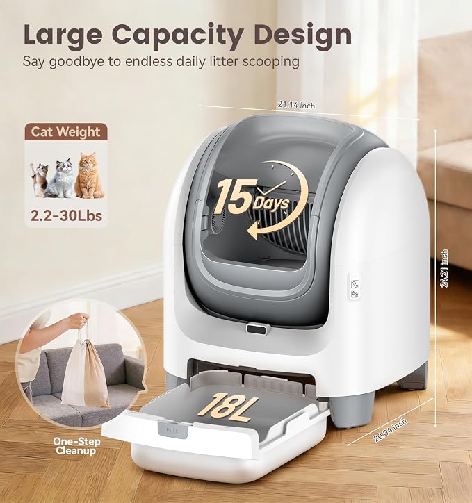 Self Cleaning Litter Box for Large Cats, 18L Extra Large Automatic Cat Litter Box with Pull-Out Waste Drawer, Smart APP Health Tracking, Odor-Seal Deodorizing Multi-Cat Safe Toilet, White - Image 3
