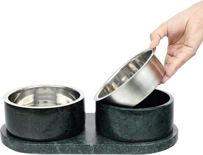 DBL1000A Marbre Small/Medium Modern Weighted Double Marble and Stainless Steel Bowl 12oz (1.5 Cups) Feeder with Non-Slip Marble Tray Set, Green - Image 7