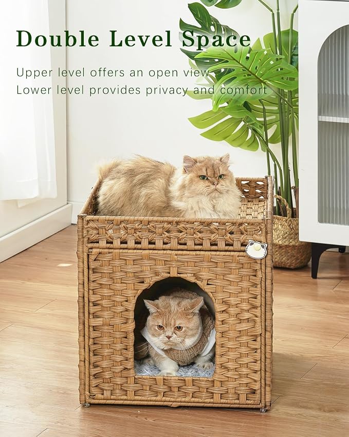 SETVSON Cat Beds for Indoor Cats Extra Large Double Cat Cave, Natural | Spacious Multi-Cat House, Furniture End Table Look, Soft Washable Cushion, Sturdy Metal Frame, 18.5x20.5x19.1 In Woven Cube - Image 2
