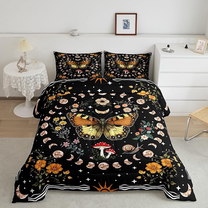 Manfei Bohemia Mushroom Comforter Set King Size,Exotic Botanical Floral Bedding Set for Kids Girls Boys Room Decor,Starry Sky Galaxy Soft Duvet Insert for All Season,2 Pillowcase,Black Brown by Manfei