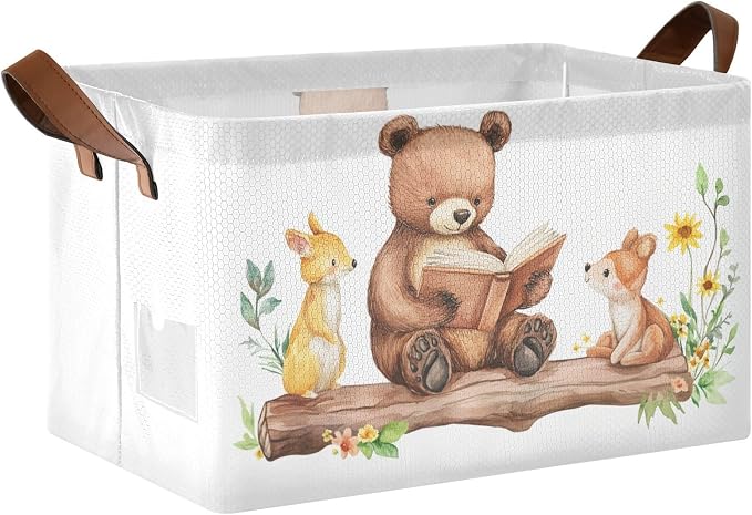 Cute Reading Bear Woodland Animal Storage Basket for Baby with Handles&Label Rectangular Waterproof Nursery Storage Bins Collapsible Organizer Baskets for Kids Cloth Gift Toys Laundry Shelf by Unknown