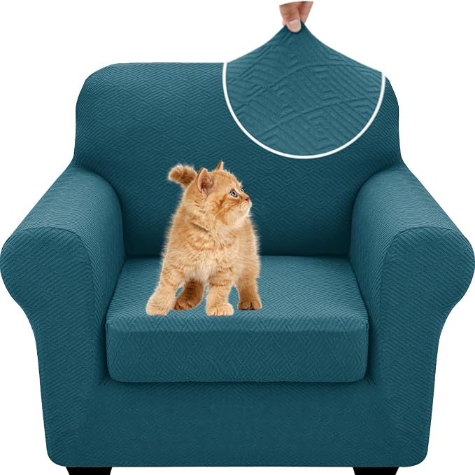 XINEAGE New 2 Pieces Chair Covers with Arms Super Stretch Chair Slipcover for Living Room Pet Dog Universal Slip Cover Anti Slip Armchair Furniture Protector (Peacock Blue), 31"-46"(1 Cushion) by XINEAGE