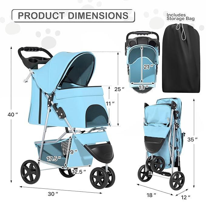 MoNiBloom 3 Wheels Pet Dog Cat Stroller for Small Medium Dogs Cats, Lightweight Foldable Jogger Stroller w/Storage Basket and Cup Holder, Mint Green