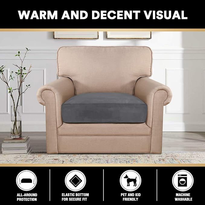 PrinceDeco Velvet Stretch Couch Cushion Cover, Sofa Slip Covers for Cushion Couch Chair Loveseat Sofa Furniture Protector Cushion Sofa Cover Each Width Up to 29.5", Grey - Image 3
